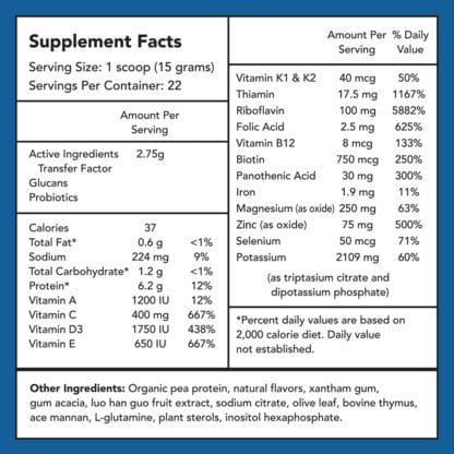 Immune Enhancement Dietary Supplement. Glutrasol™ offers humans therapeutic levels of transfer factors, glucans, prebiotics and probiotics, vitamins, and minerals, and has a rich vanilla flavor.